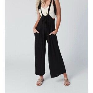 Three Bird Nest Jumpsuit Womens Large Black One Piece Relaxed Gathered Stretch